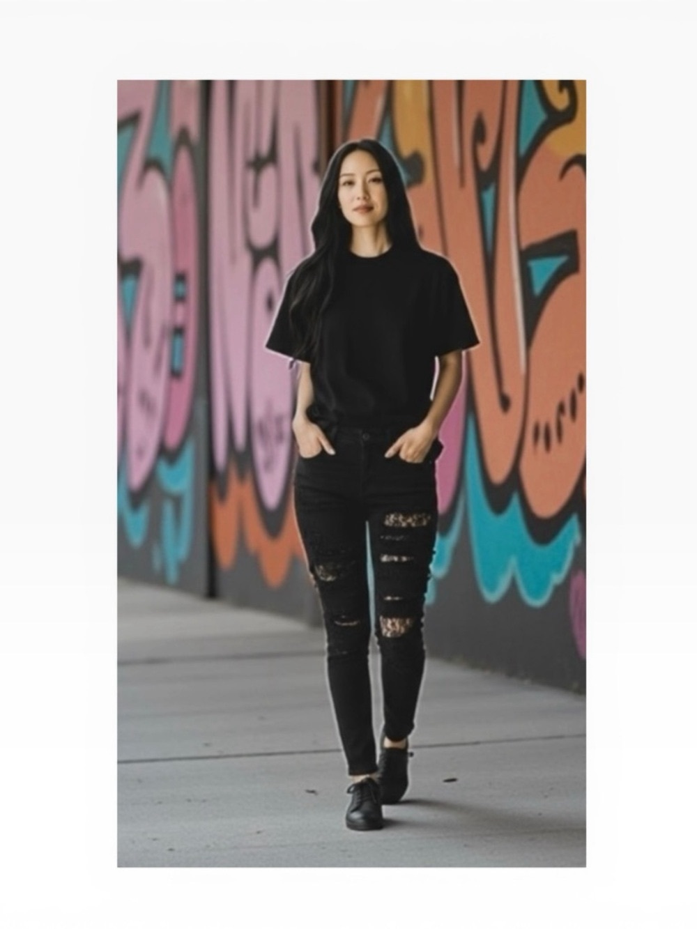 LF Carmar ❉ Skinny Shredded Rips Stretch Jeans ❉ Lace Patches ❉ Jet Black ❉ 25 ❉ - Picture 15 of 16